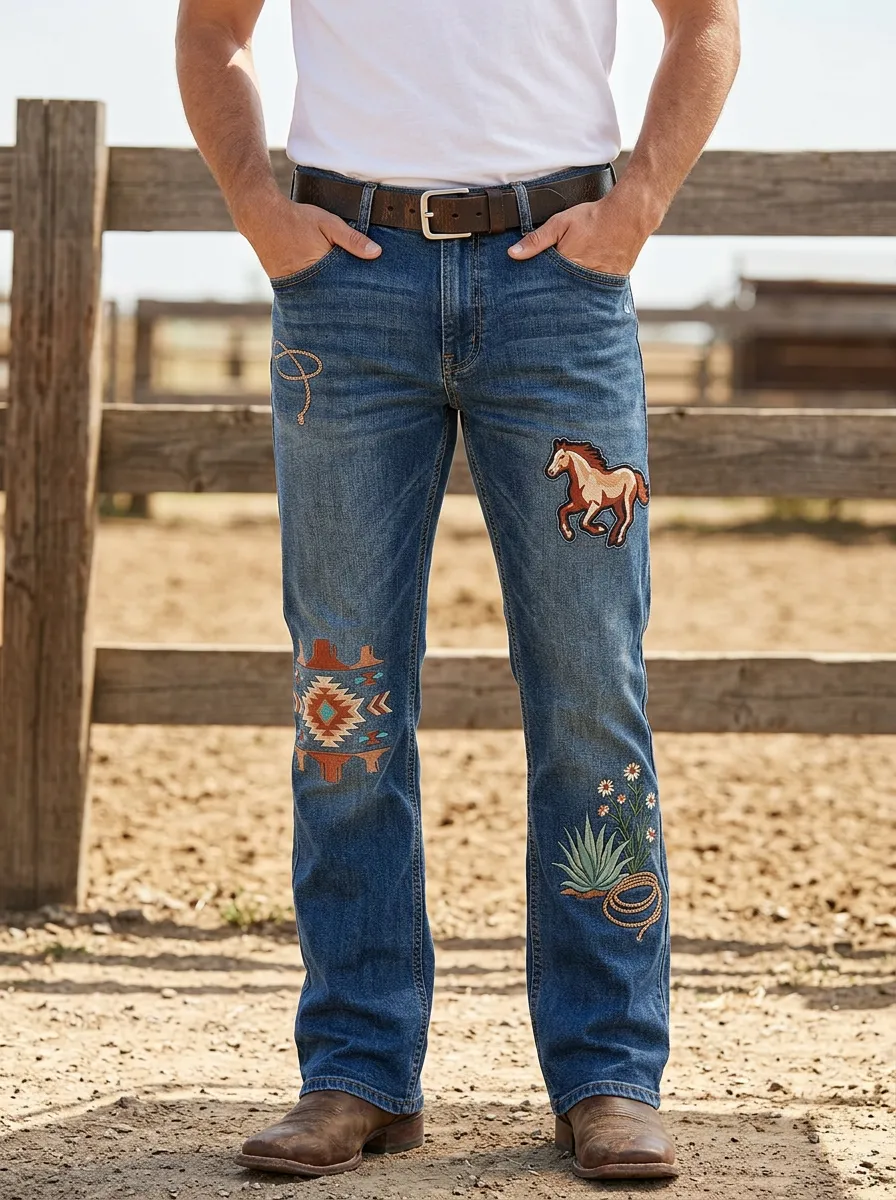 Men's Western Cowboy Horse Aztec Floral Printed Jeans