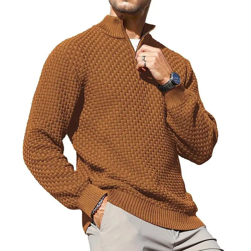 Men's Quarter-Zip Sweater Polo Zip Up Pullover Cable Knit Turtleneck Tops Long Sleeve