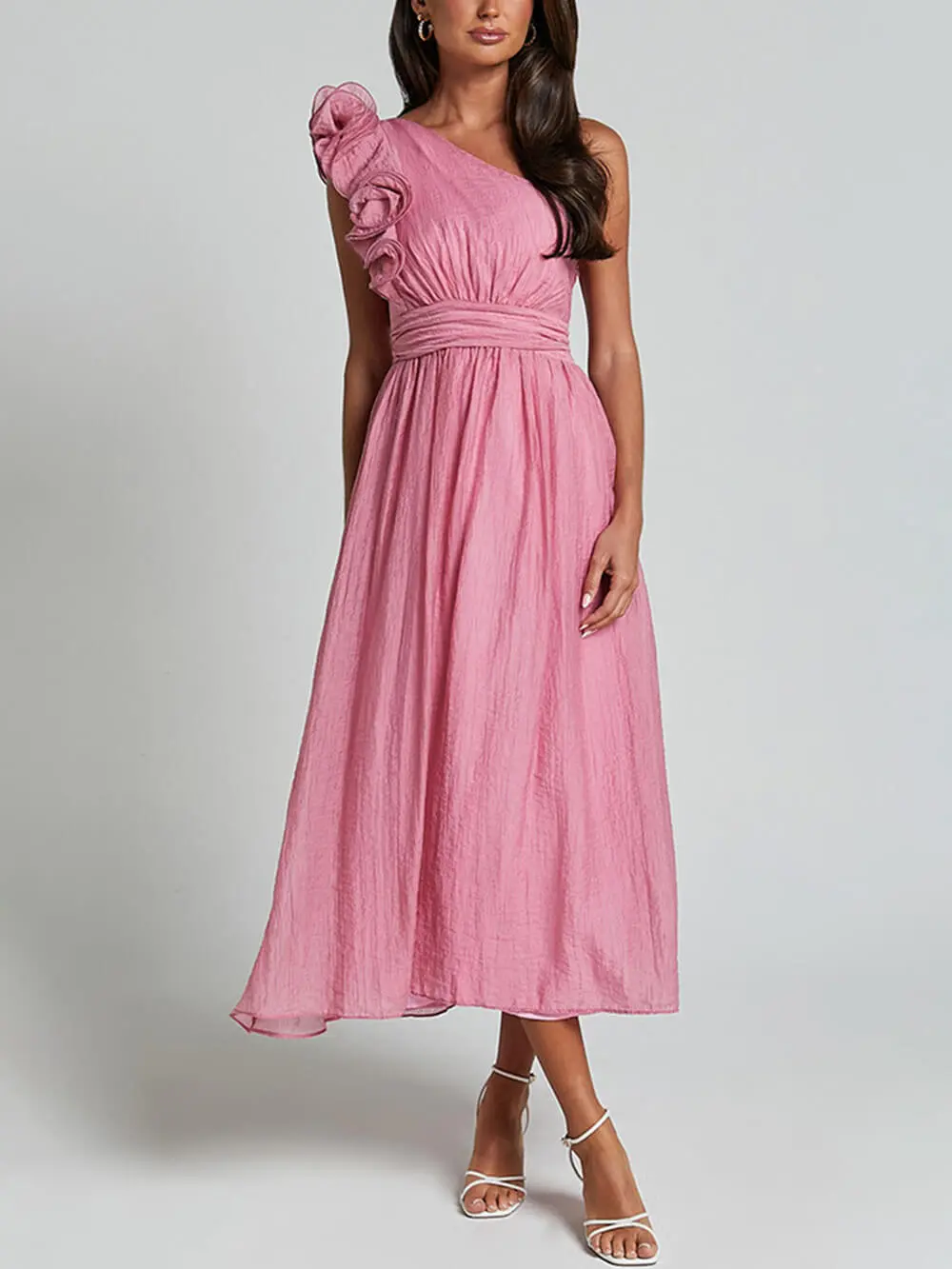 Romantic Seaside One Shoulder Frill Detail Midi Dress