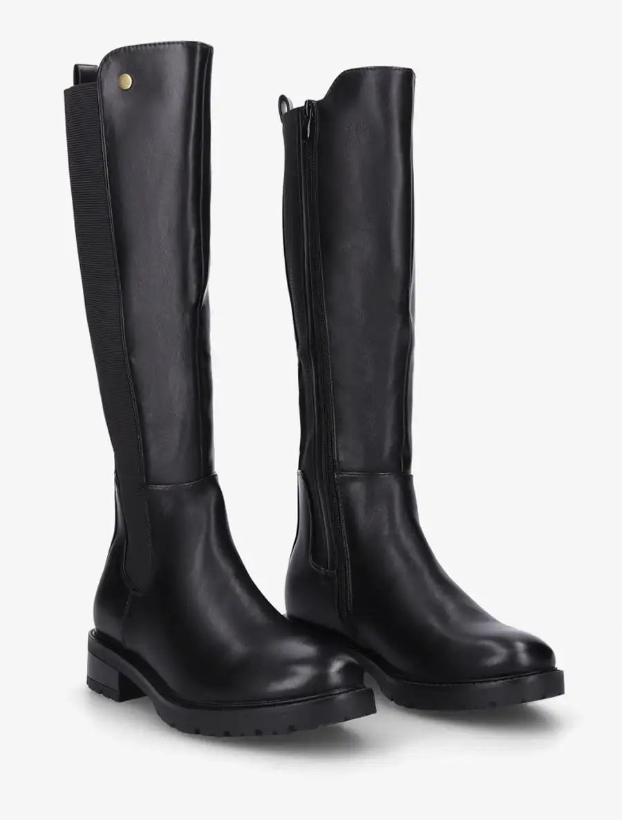 Refined Stretch Panel Lug Sole Block Heel Faux Leather Knee High Boots
