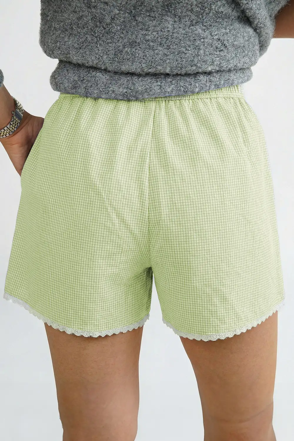 Lace Trim Gingham Plaid Boxer Shorts