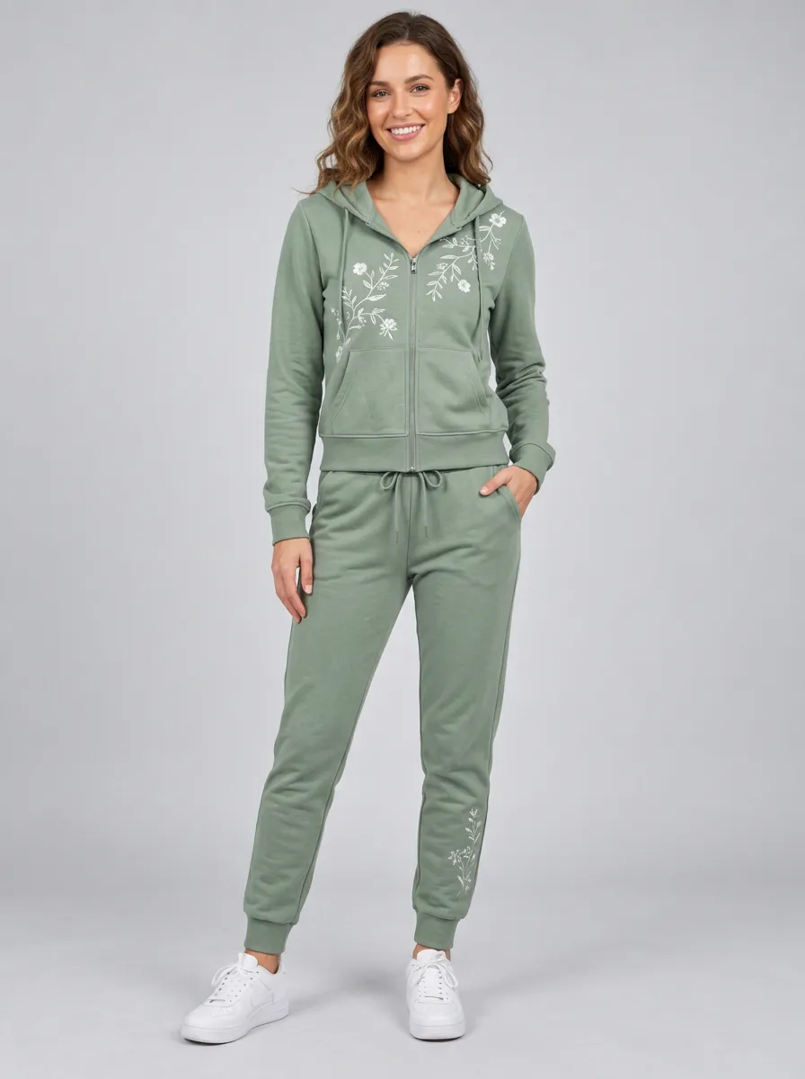 Women's Sage Green Classic Zip-Up Hoodie Jacket & Jogger Set