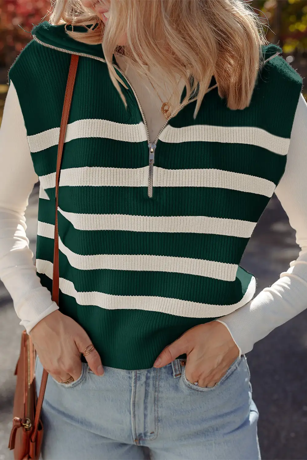 Ribbed Half Zip Collared Viscose Blend Sweater Vest