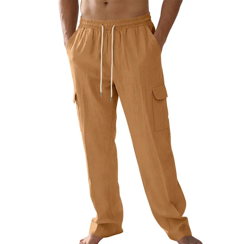 Men's Loose Linen Cargo Pants Waistband Pockets