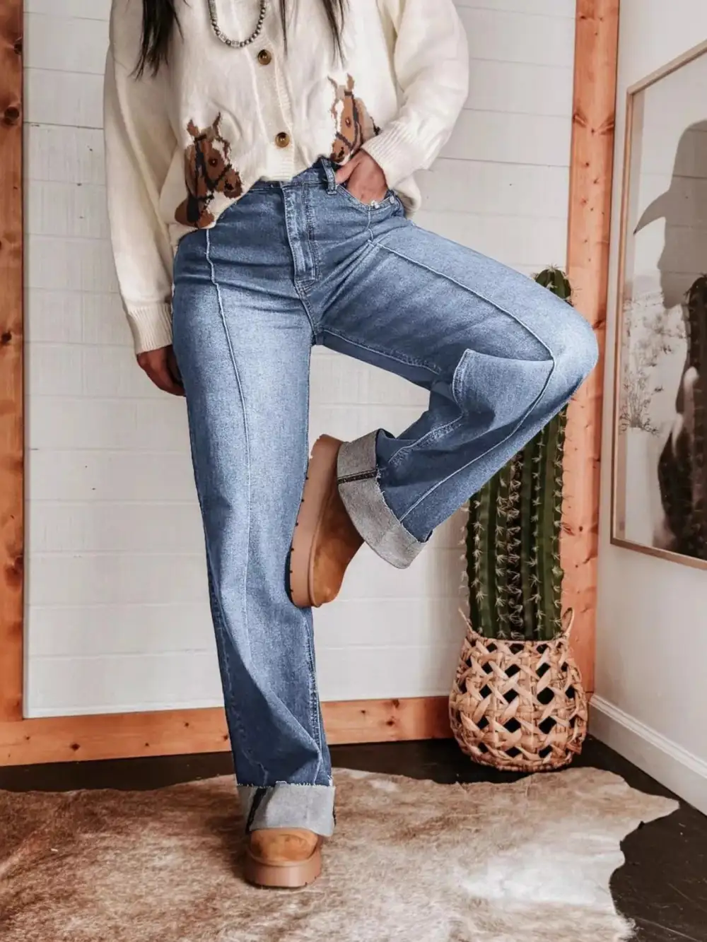 Pocketed High Waist Wide Leg Denim Jeans