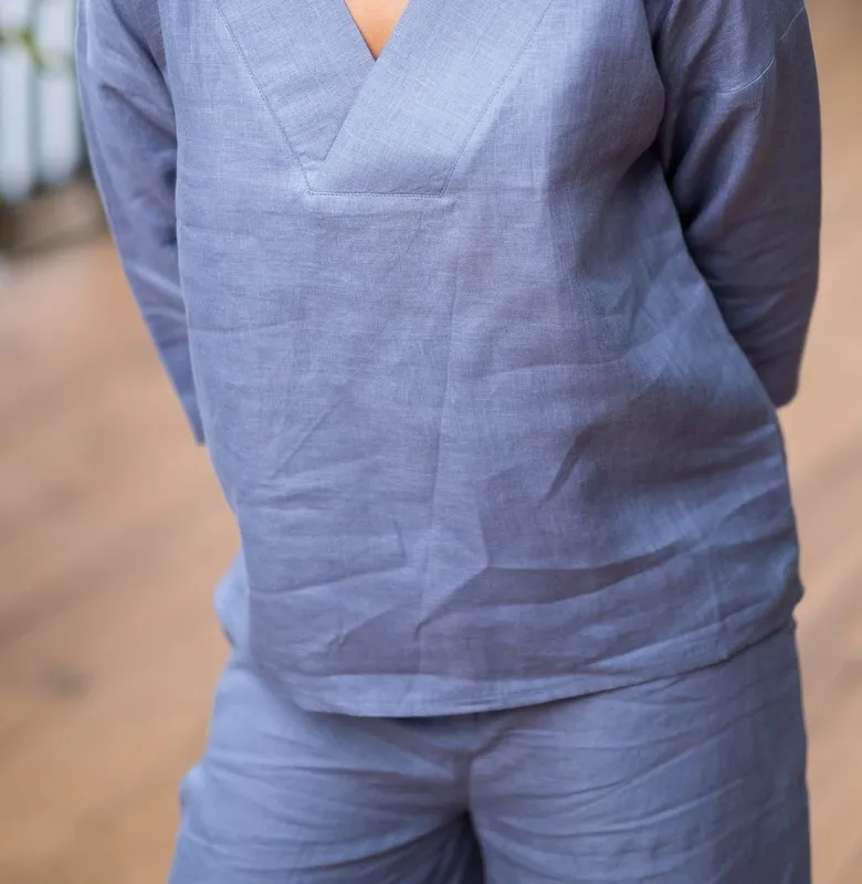 Wildflower Blue Linen Matching Set with V-Neck Top & Wide-Leg Pants