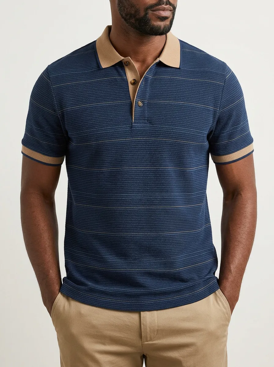 Men's Classic Knit Ribbed Textured Horizontal-Stripe Polo Shirt