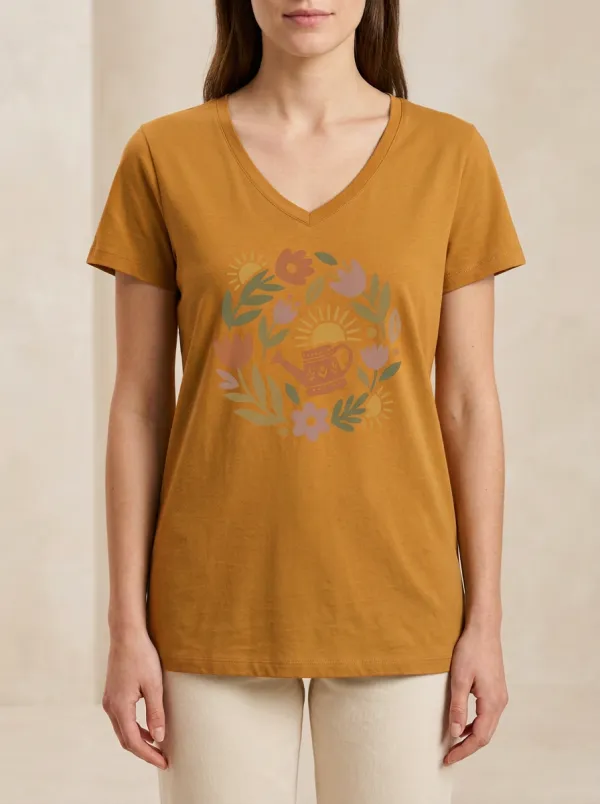 Women's Gardening Watering Can Floral Sun Print T-Shirt