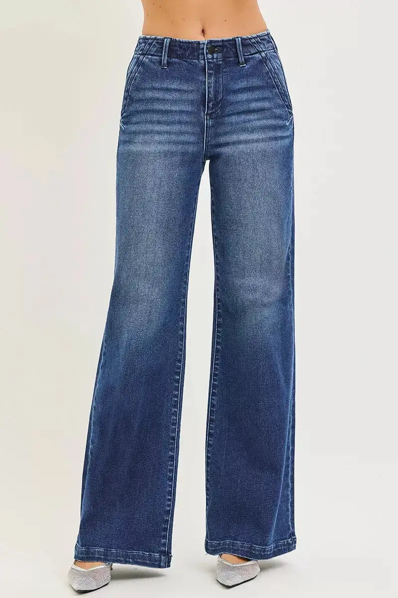 High Rise Slanted Pocket Wide Leg Jeans
