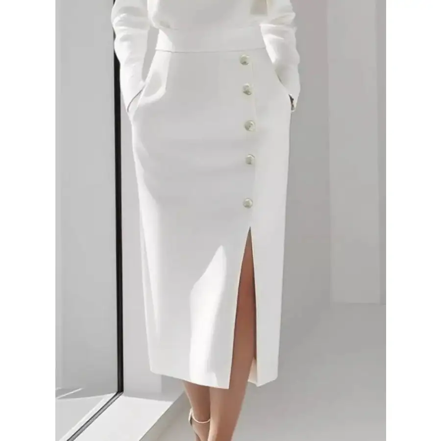 Long Sleeve Button Detail Midi Dress with Side Slit