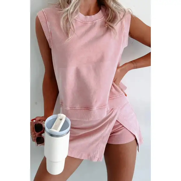 Mineral Wash Cotton Tank Top and Slit Skort Set