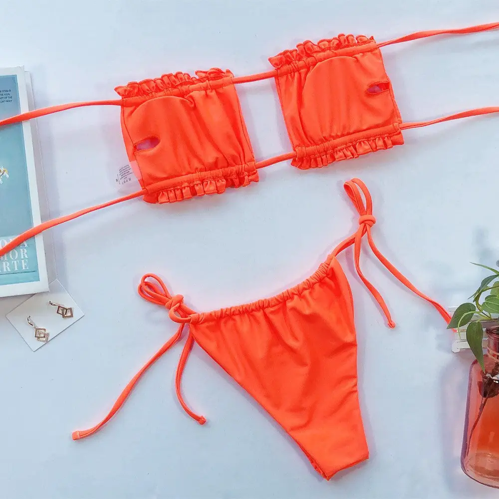 Frill Trim Ruched Bikini Swim Set