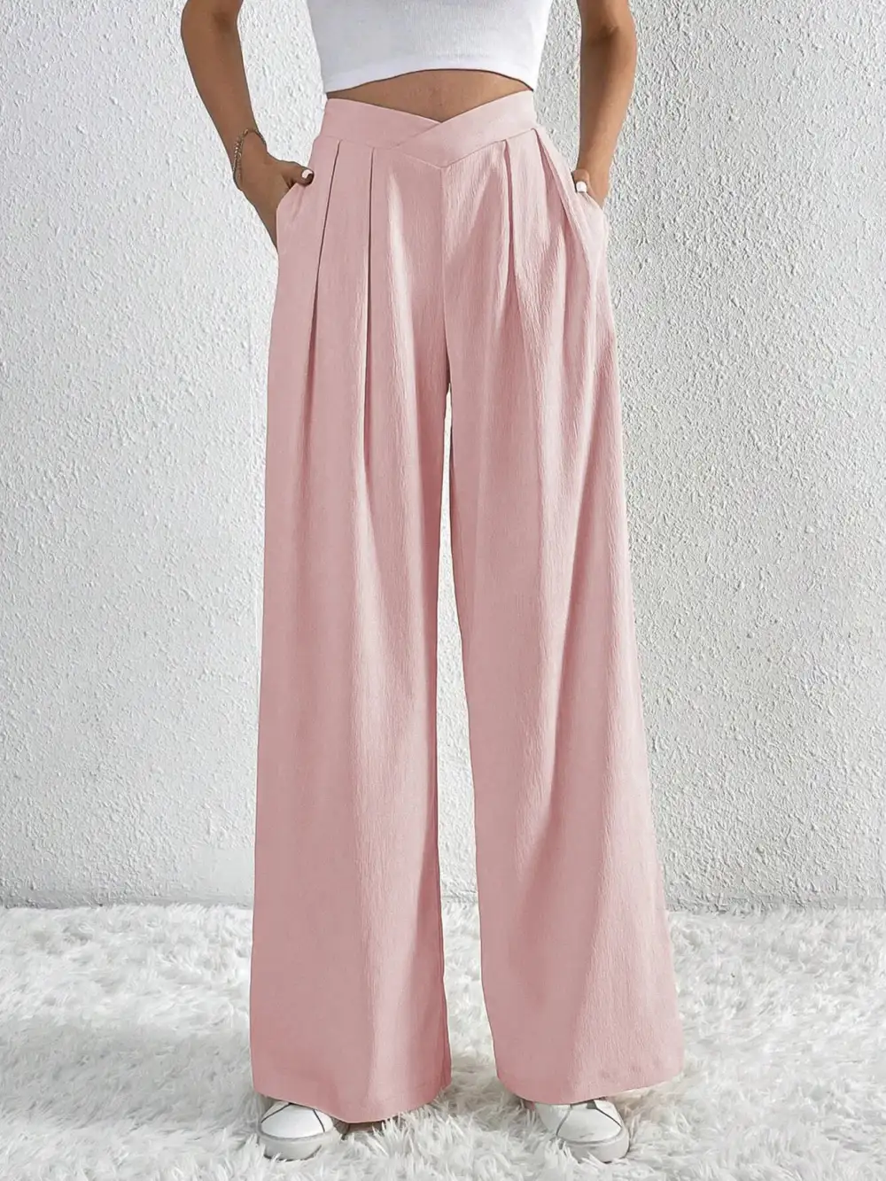 V Waisted Ruched Front Wide Leg Pants