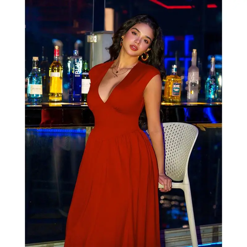 5PACK-Women'S Summer Casual Deep V NeckMidi Dress