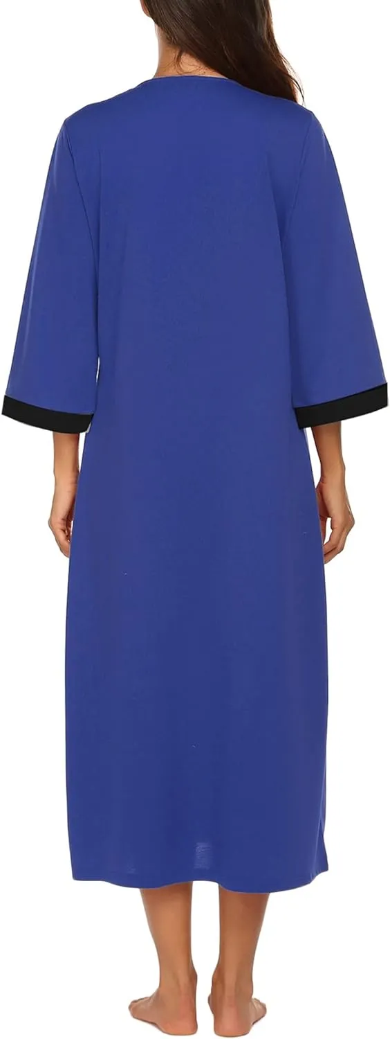 50% OFF Women Zipper Robe 3/4 Sleeves Loungewear Dress Full Length Sleepwear Pockets Housecoat Nightgown Long Bathrobe