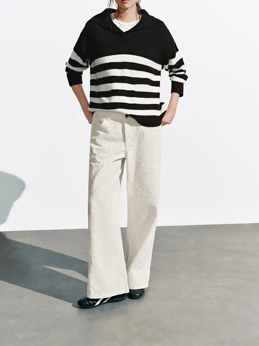 Ladies' White Floral Casual Style Wide-Leg Denim Trousers