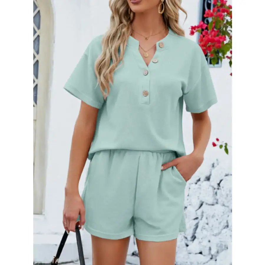 Casual Button Detail Ribbed Top and Shorts Two Piece Set