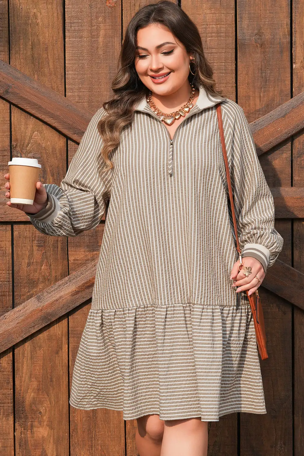Striped Zip Front Ruffle Mini Dress