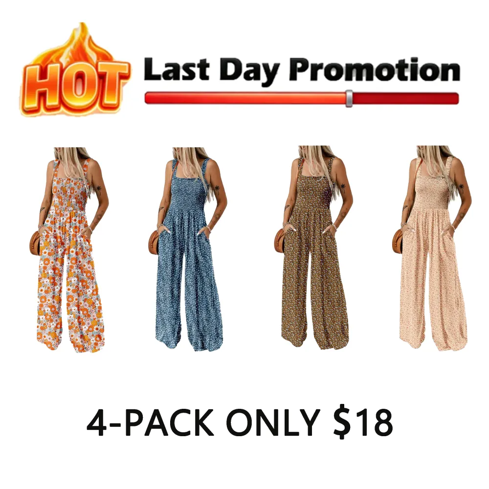 Women's Casual Loose Overalls Jumpsuits One Piece Sleeveless Printed Wide Leg Long Pant Rompers With Pockets Bohemian Womenswear