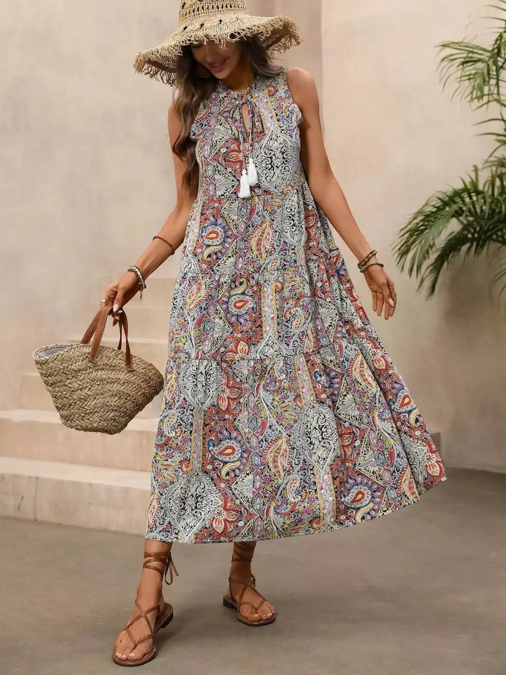 Paisley Tie Neck Sleeveless Midi Dress
