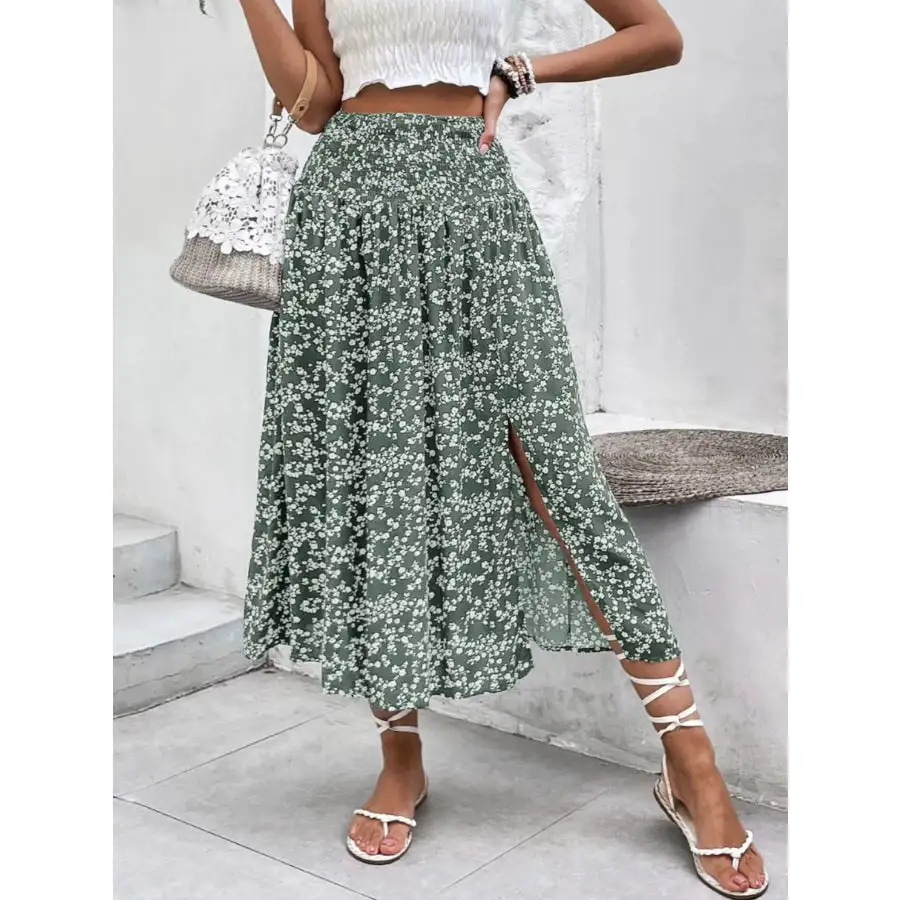 Slit Smocked Printed Skirt