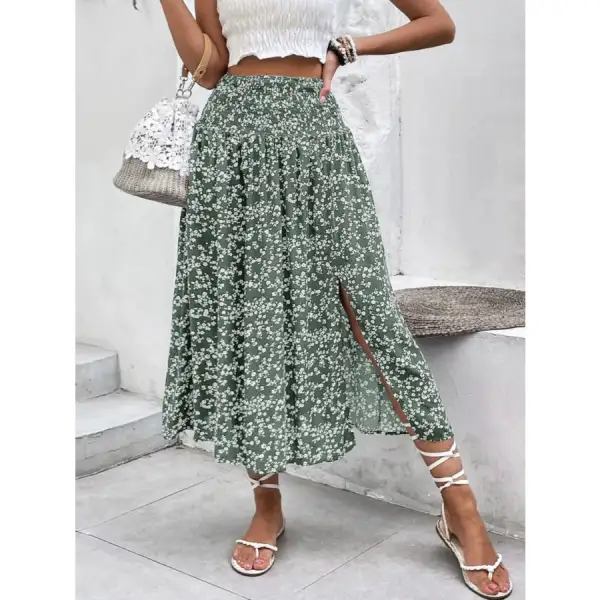 Slit Smocked Printed Skirt