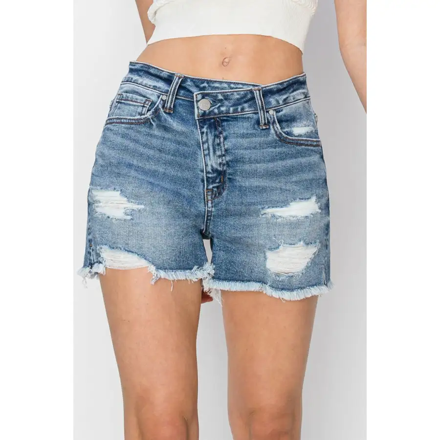Stepped Waist Frayed Denim Shorts