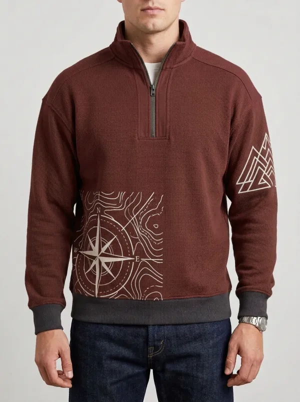 Men's Outdoor Compass Topographic Graphic Quarter-Zip-Neck Sweatshirt