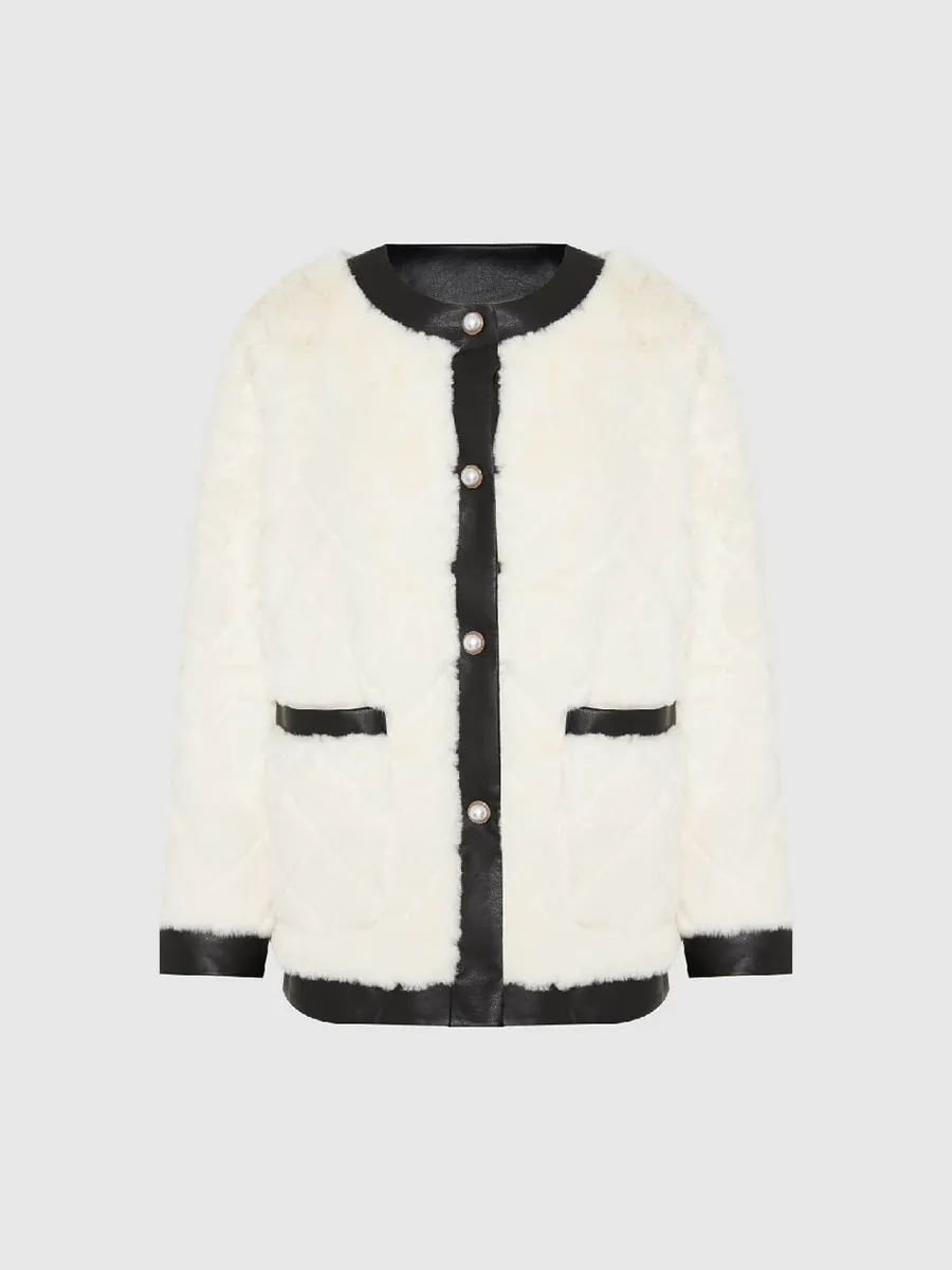 A Black And White Contrasting Elegant Plush Coat For Ladies