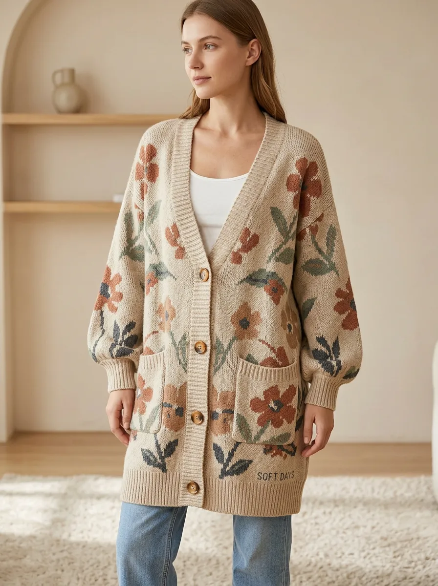 Women's Floral Pattern Soft Days Print Knit Long Cardigan