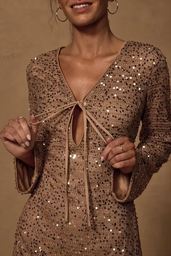 Seza Light Tan Crochet Sequin Tie-Front Mini Dress