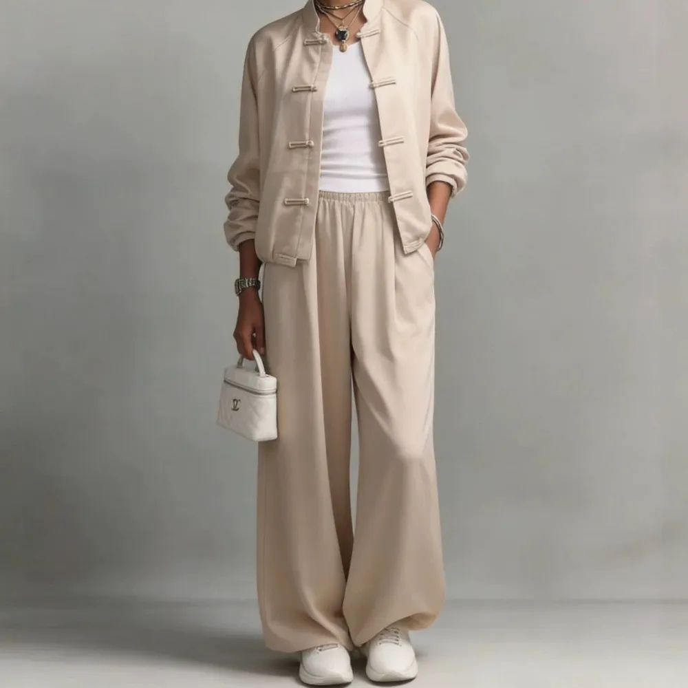 Wide-Leg Drawstring Long-Sleeve Women's Two-Piece Set