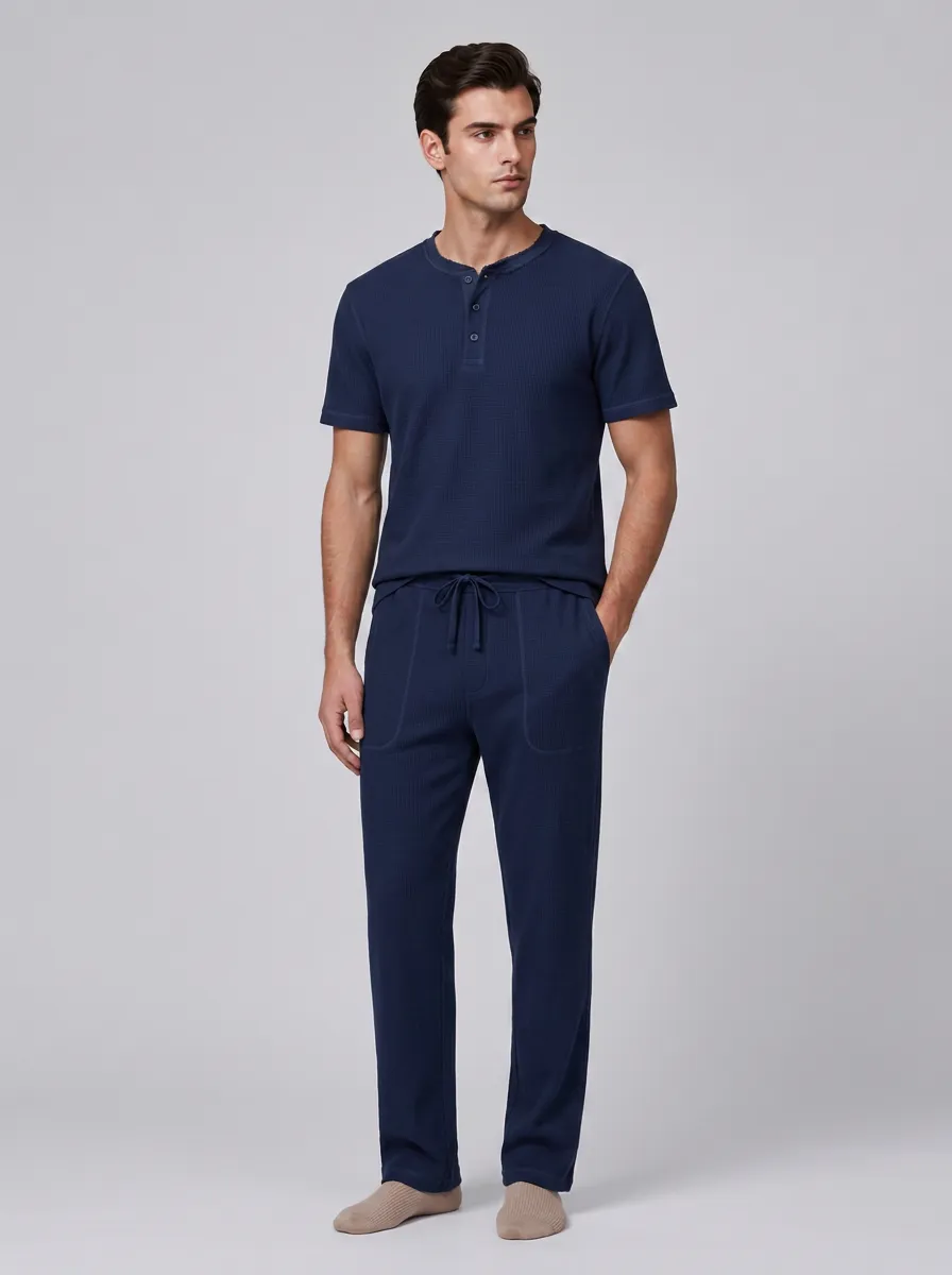 Men's Navy Waffle Knit Henley Lounge Set