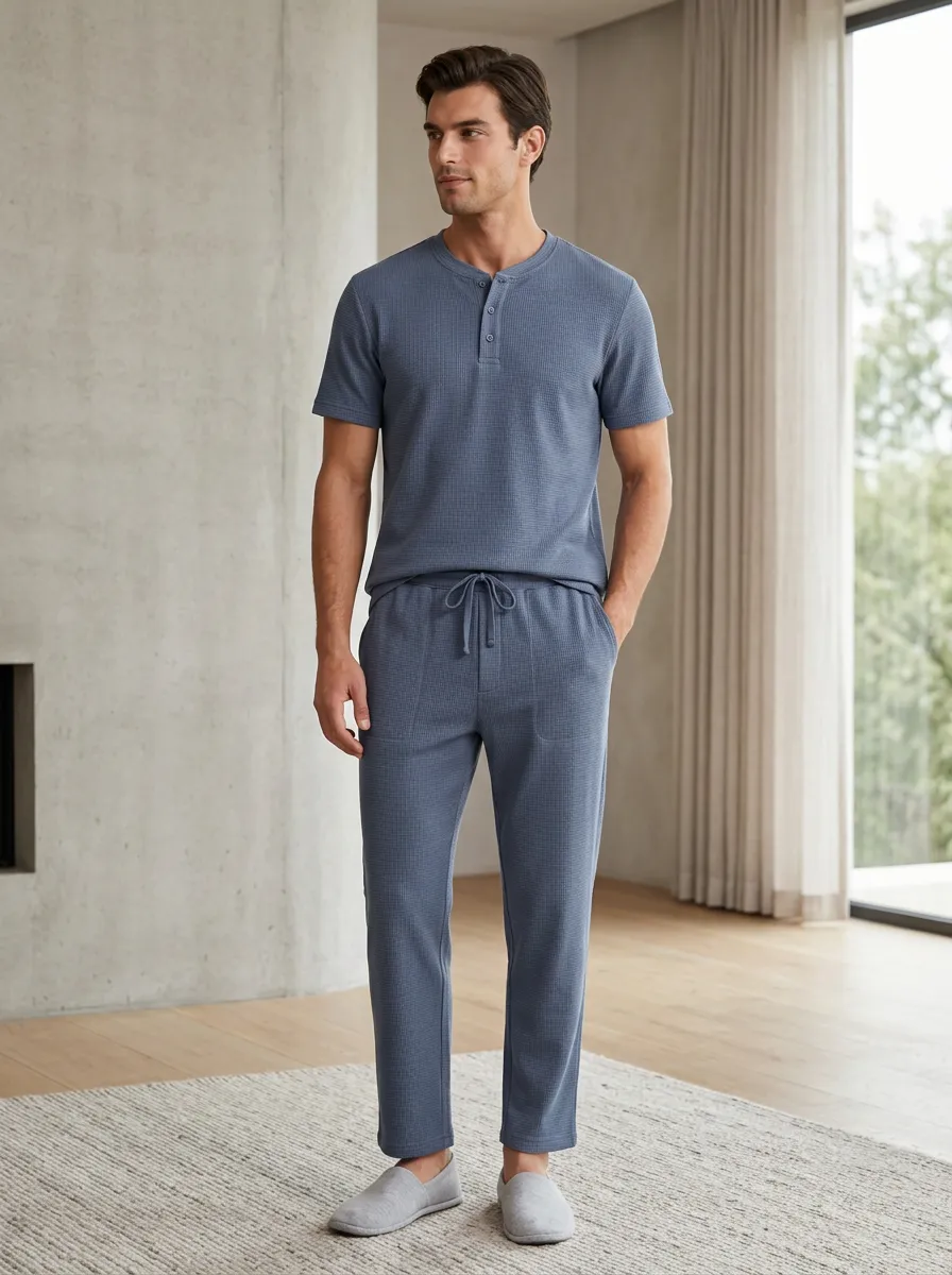 Men's Casual Blue Waffle Knit Henley Lounge Set