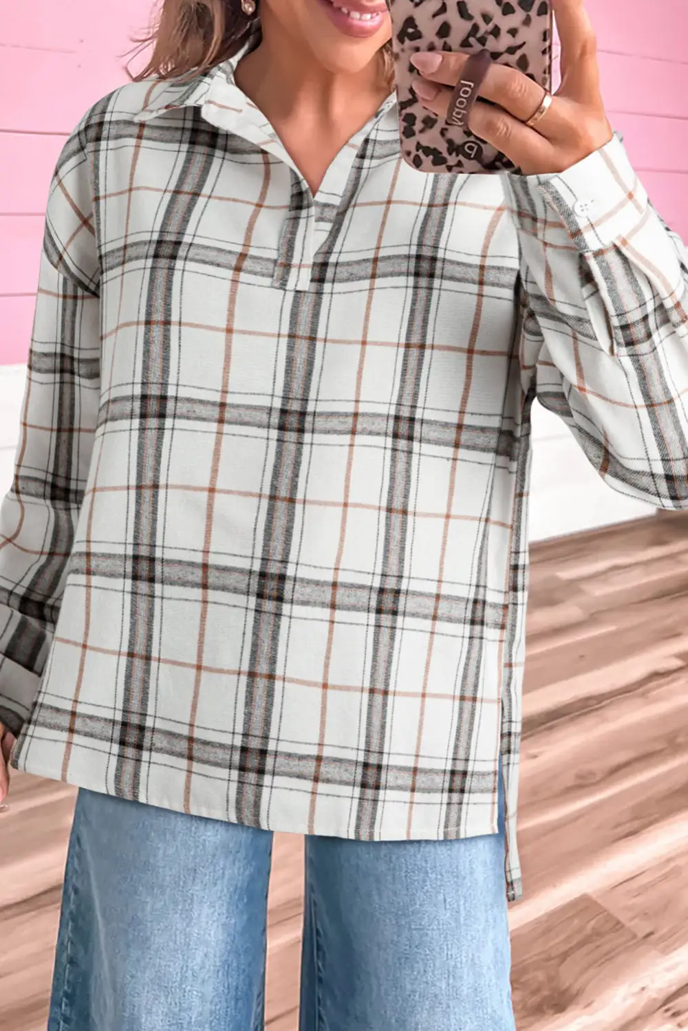 Plaid V-Neck Collared Blouse
