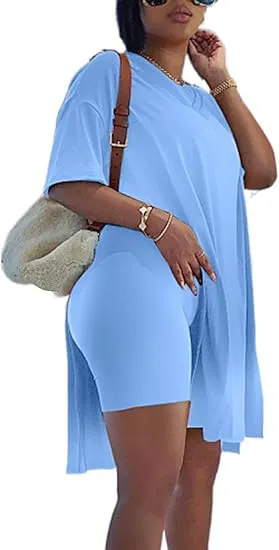 Women Plus Size 2 Piece Outfits Short Sleeve Tunic Tops And Skinny Biker Shorts Sets Tracksuits Womenswear Bodycon Split Hem Lounge
