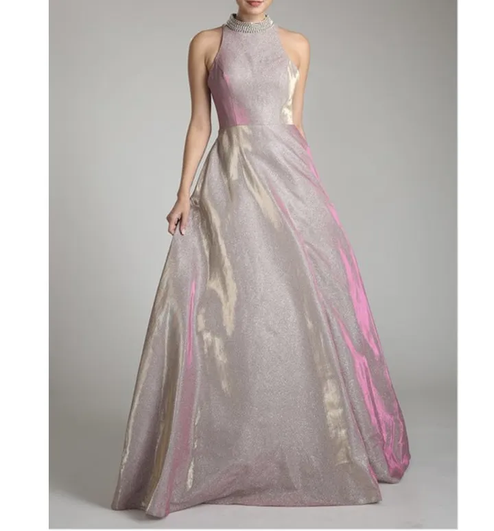 Textured Evening Gown with Pockets and Rhinestone Collar