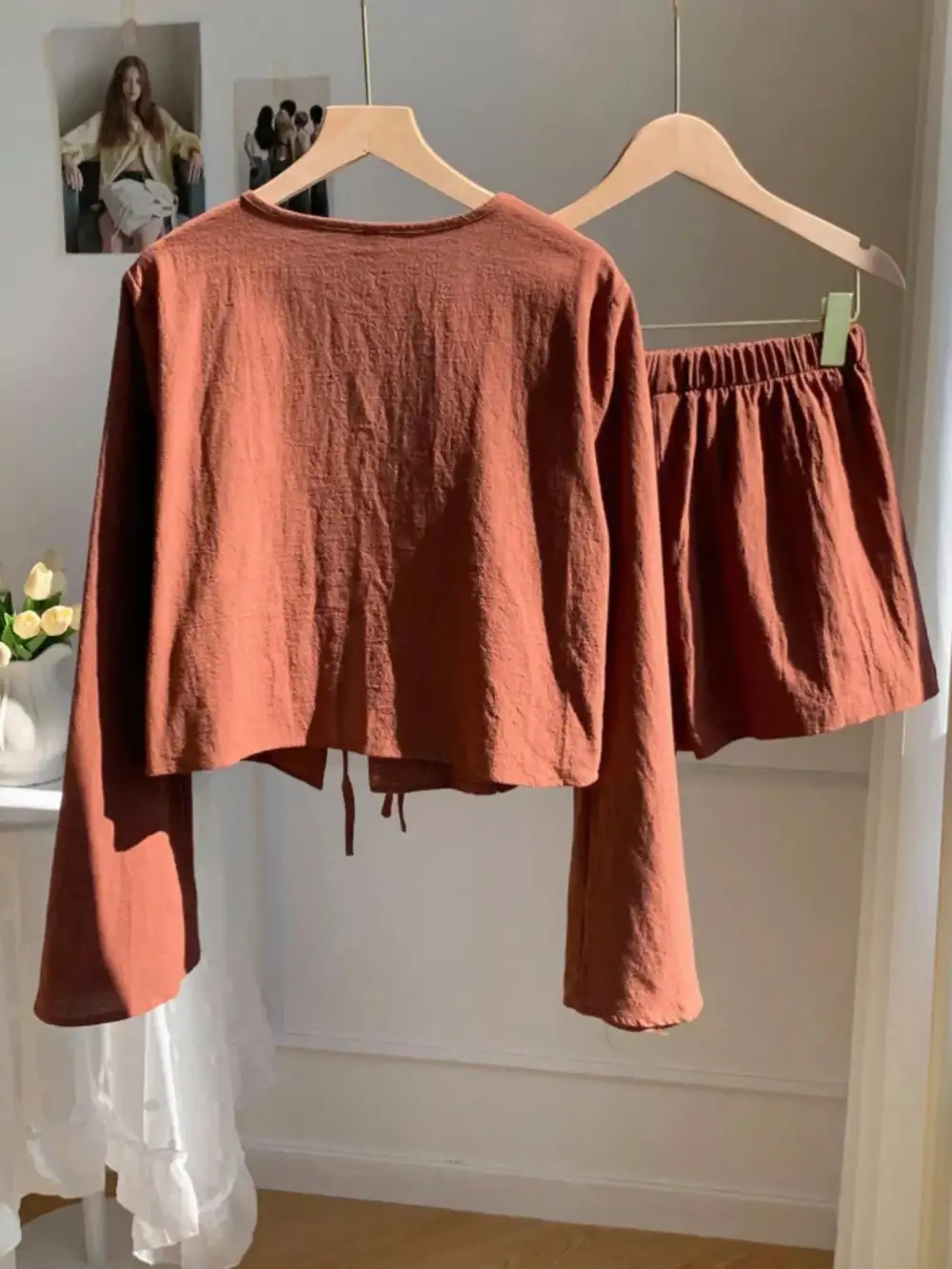 Embroidered Tie Front Top & Shorts Set