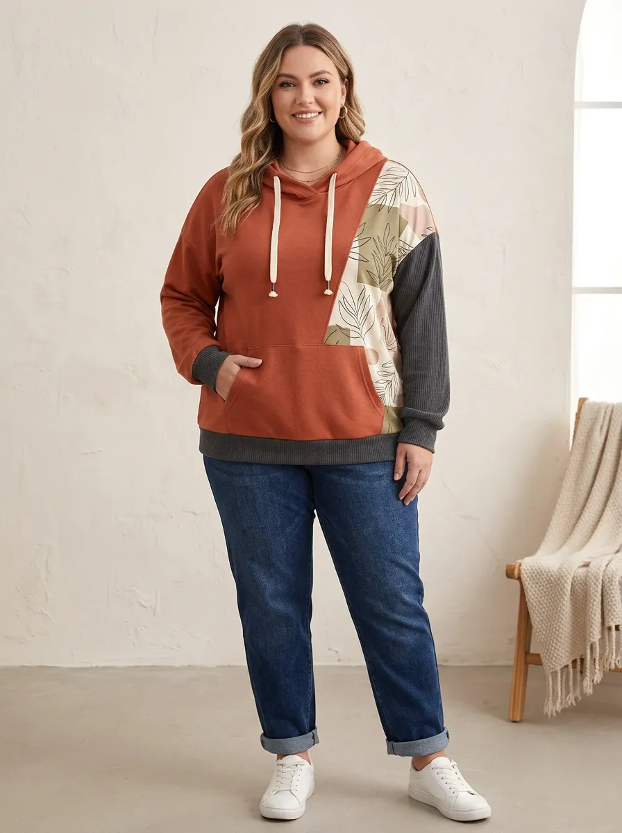 Women's Plus Size Botanical Patchwork Printed Hoodie