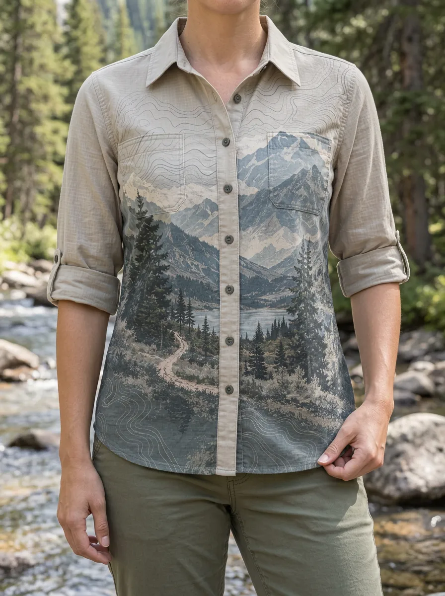 Women's Hiking Nature Lover Mountain Topographic Printed Shirt