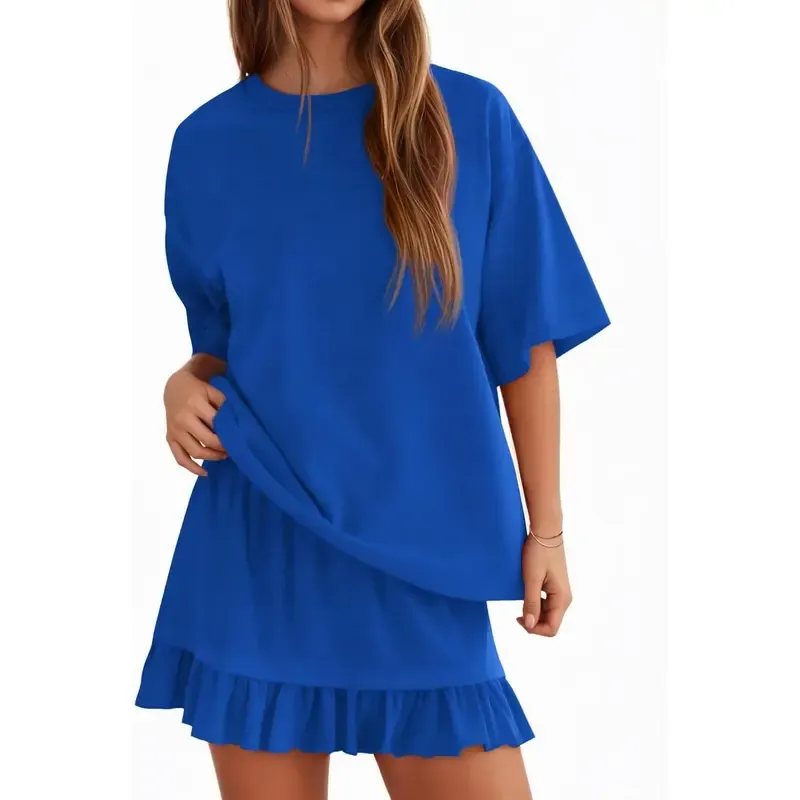 Women's Oversized Ruffle Hem Short Sleeve Set