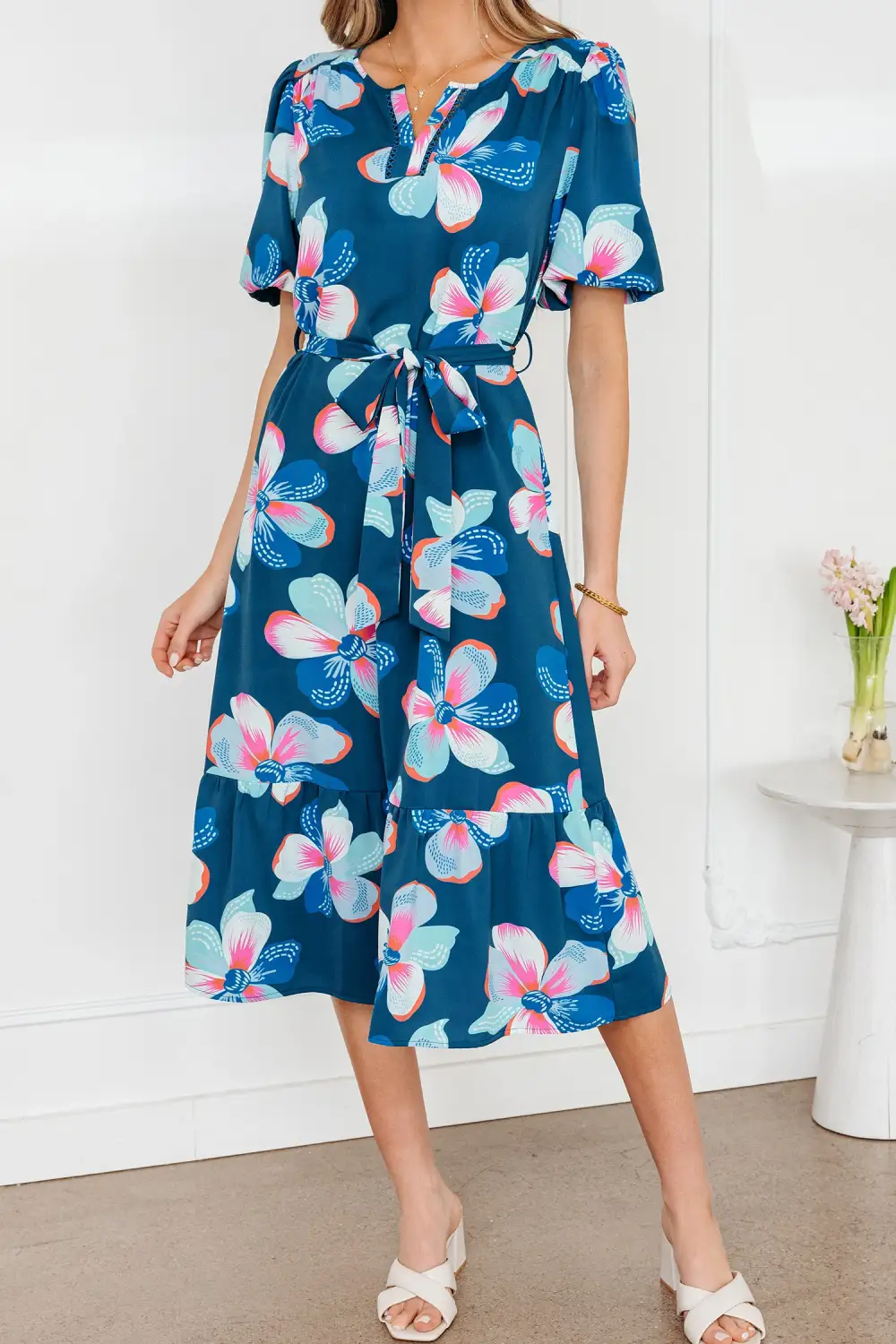 Floral Printed Tie Waist Dress Casual