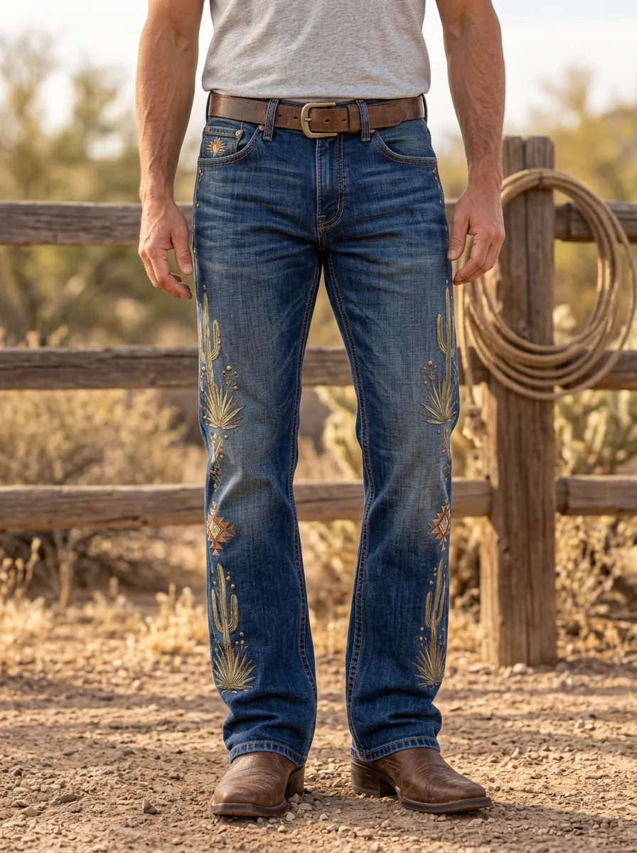 Men's Western Cowboy Cactus Geometric Jeans