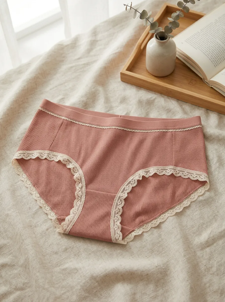 Women's Classic Dusty Ribbed Lace Trim Cotton Panties