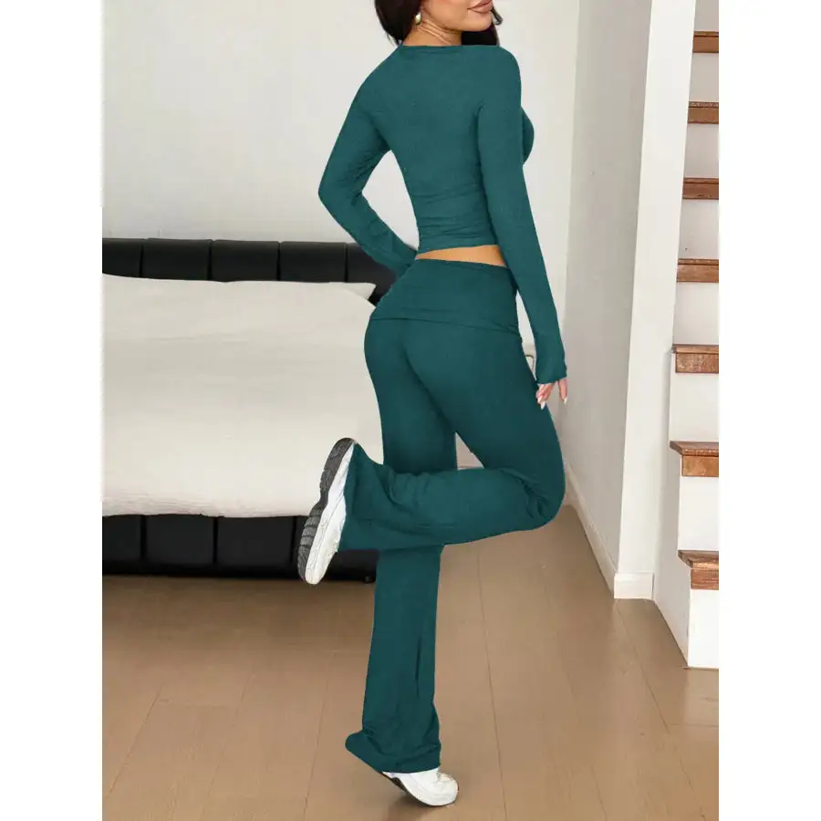 Long Sleeve Crop Top and Bootcut Pants Set