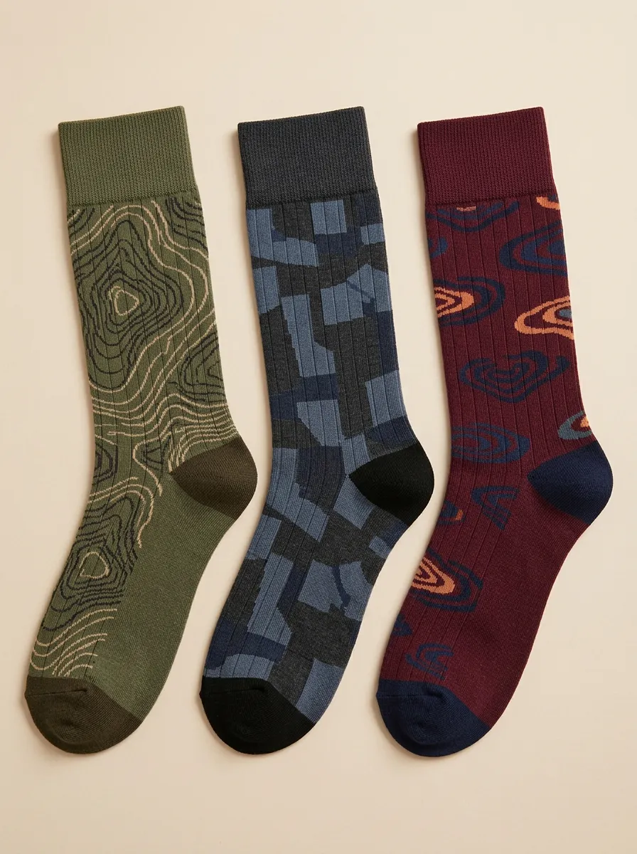 Men's Nature Topographic Pattern Print 3-Pack Socks