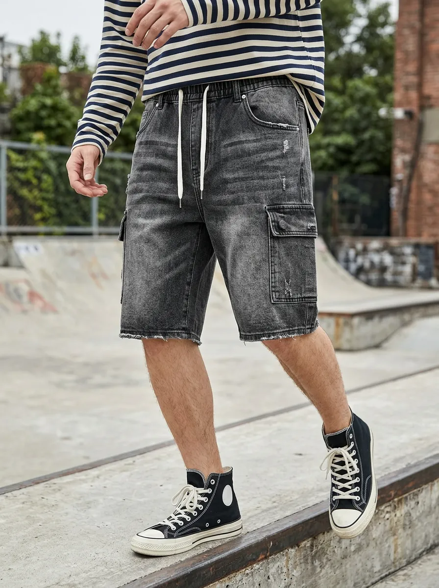Men's Streetwear Washed Distressed Cargo Denim Shorts
