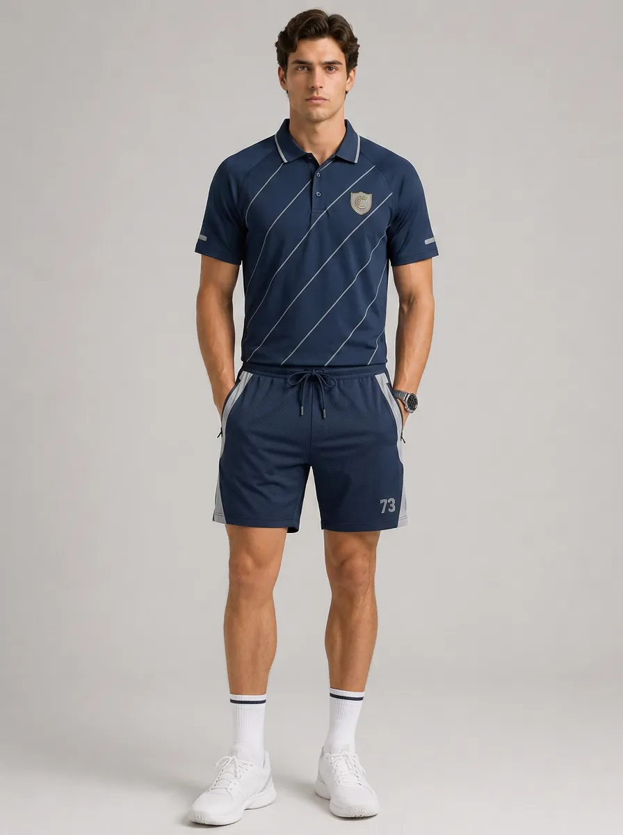 Men's Sporty Casual Striped Emblem Printed Polo Shirt and Shorts Set