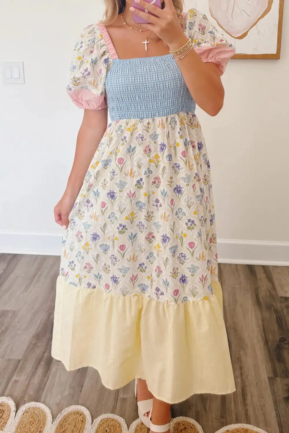 Floral Striped Square Neck Dress Casual