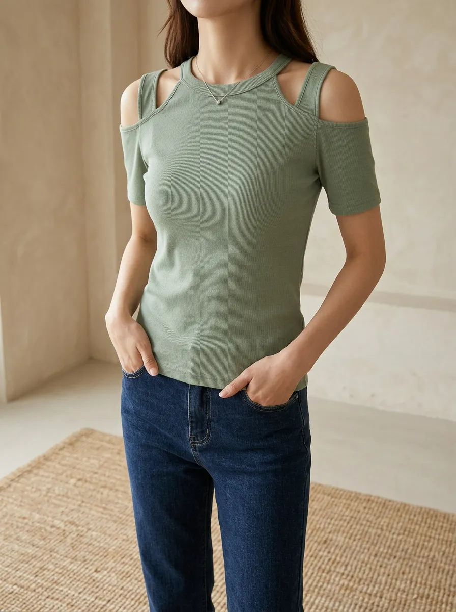 Women's Sage Green Ribbed Cold Shoulder Casual Top